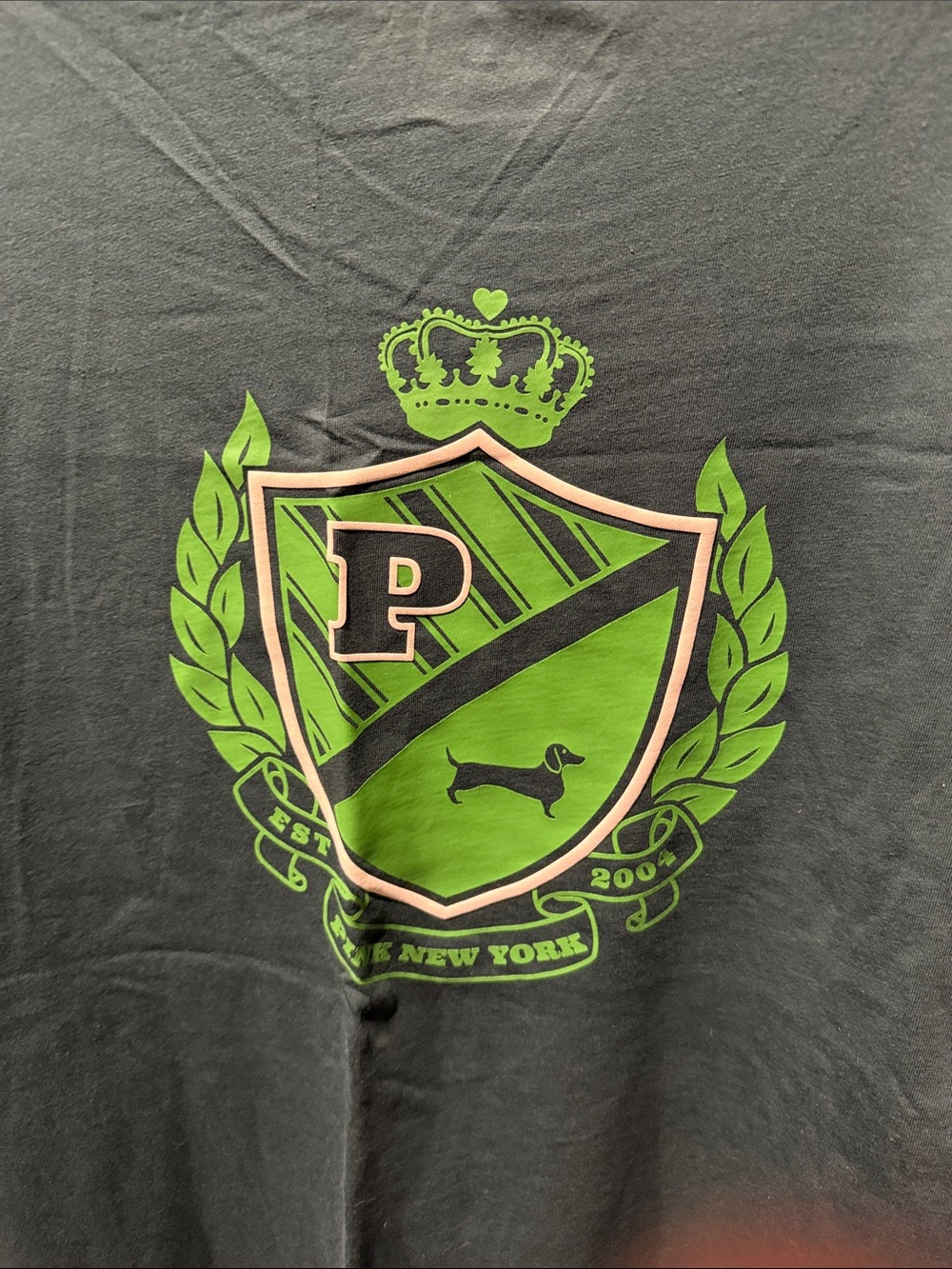 PINK Victoria's Secret Forest Green Long-Sleeve Crewneck with Lime Logo - Picture 3 of 4